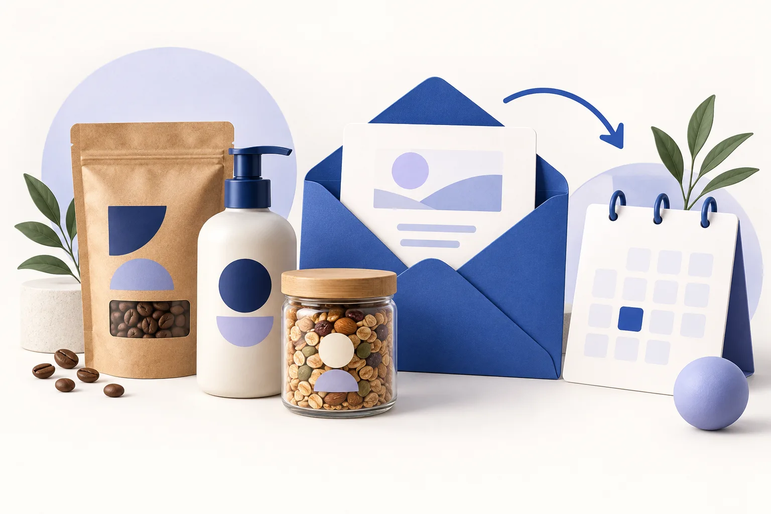 Illustration of coffee, a refill bottle and pantry essentials beside an envelope and reorder calendar