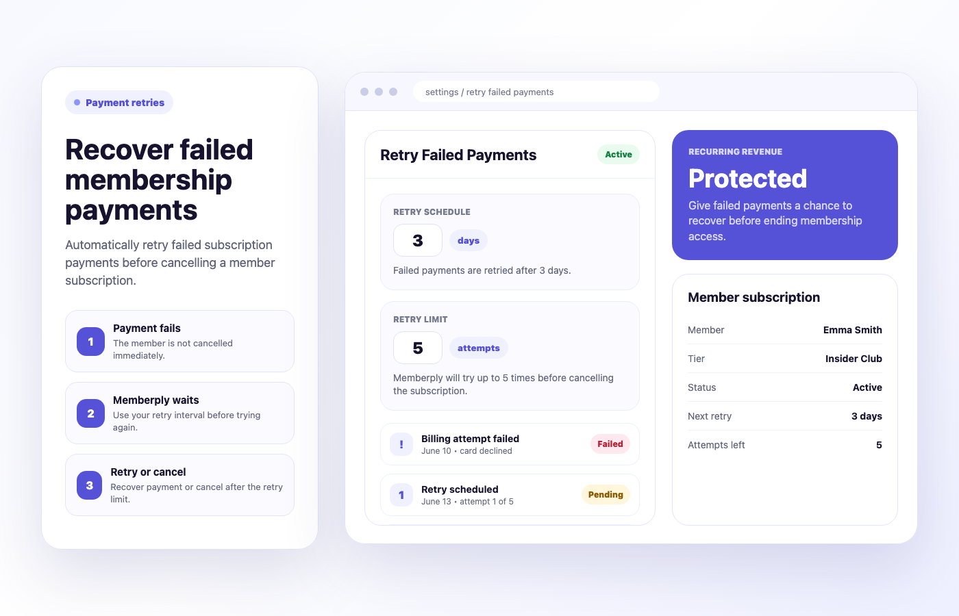 Memberply retry failed payments settings mockup