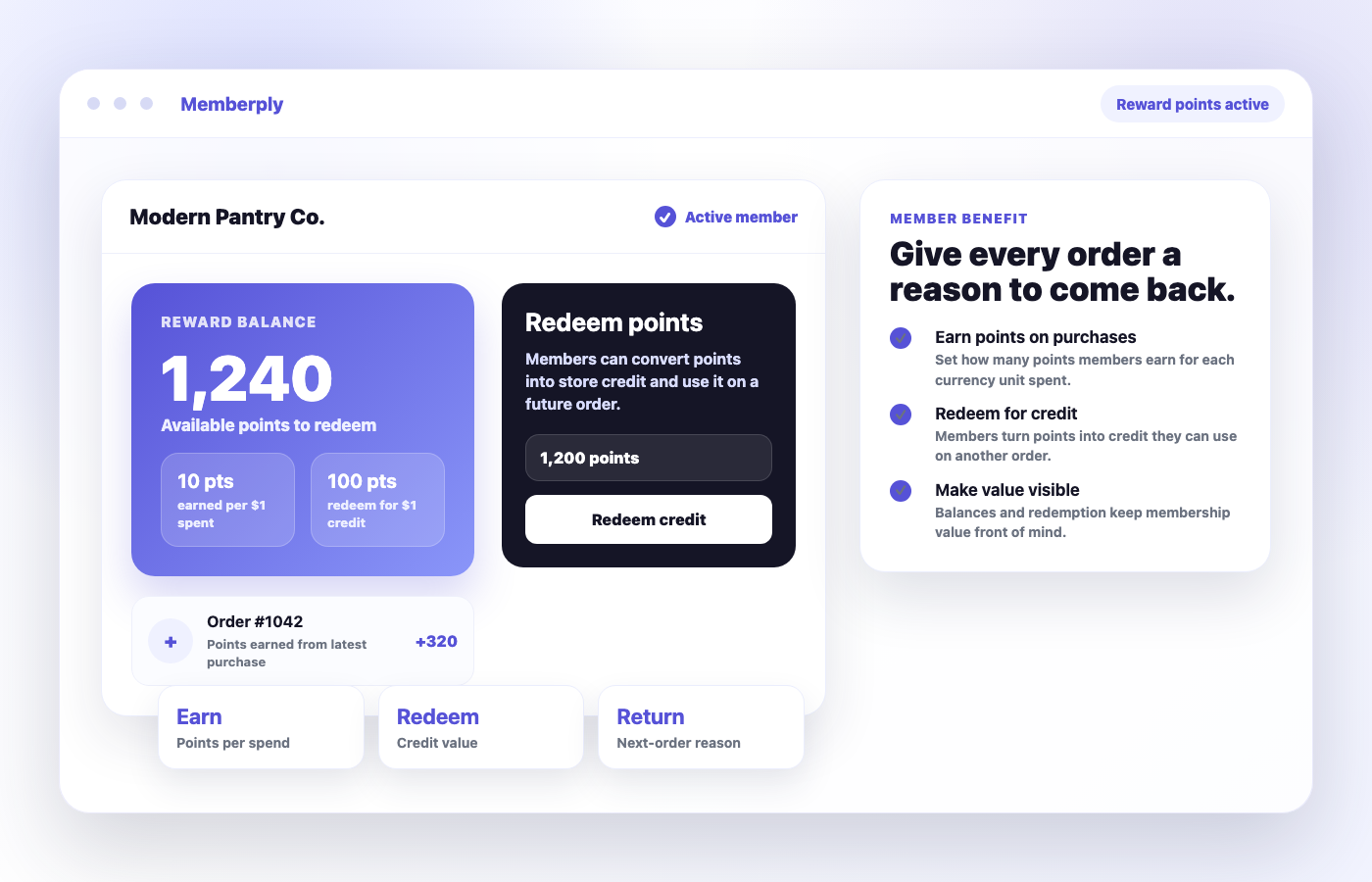 Memberply reward points member portal mockup showing points balance and redemption