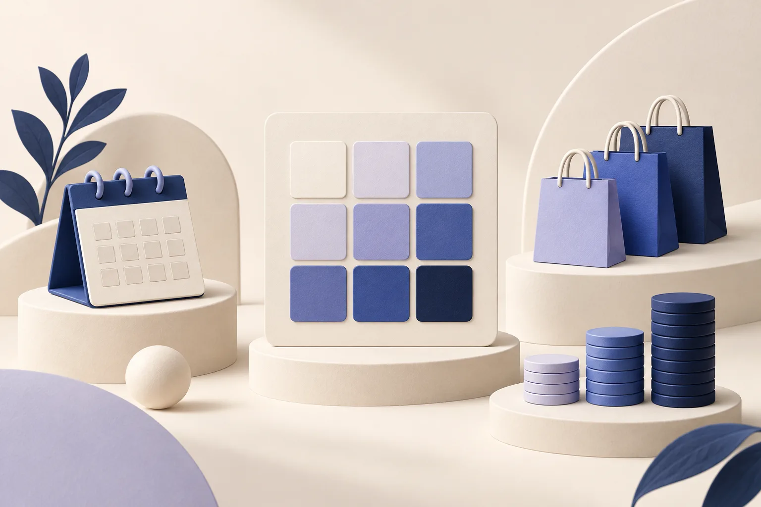 Conceptual illustration of a calendar, repeated shopping bags and coins around a customer grouping grid