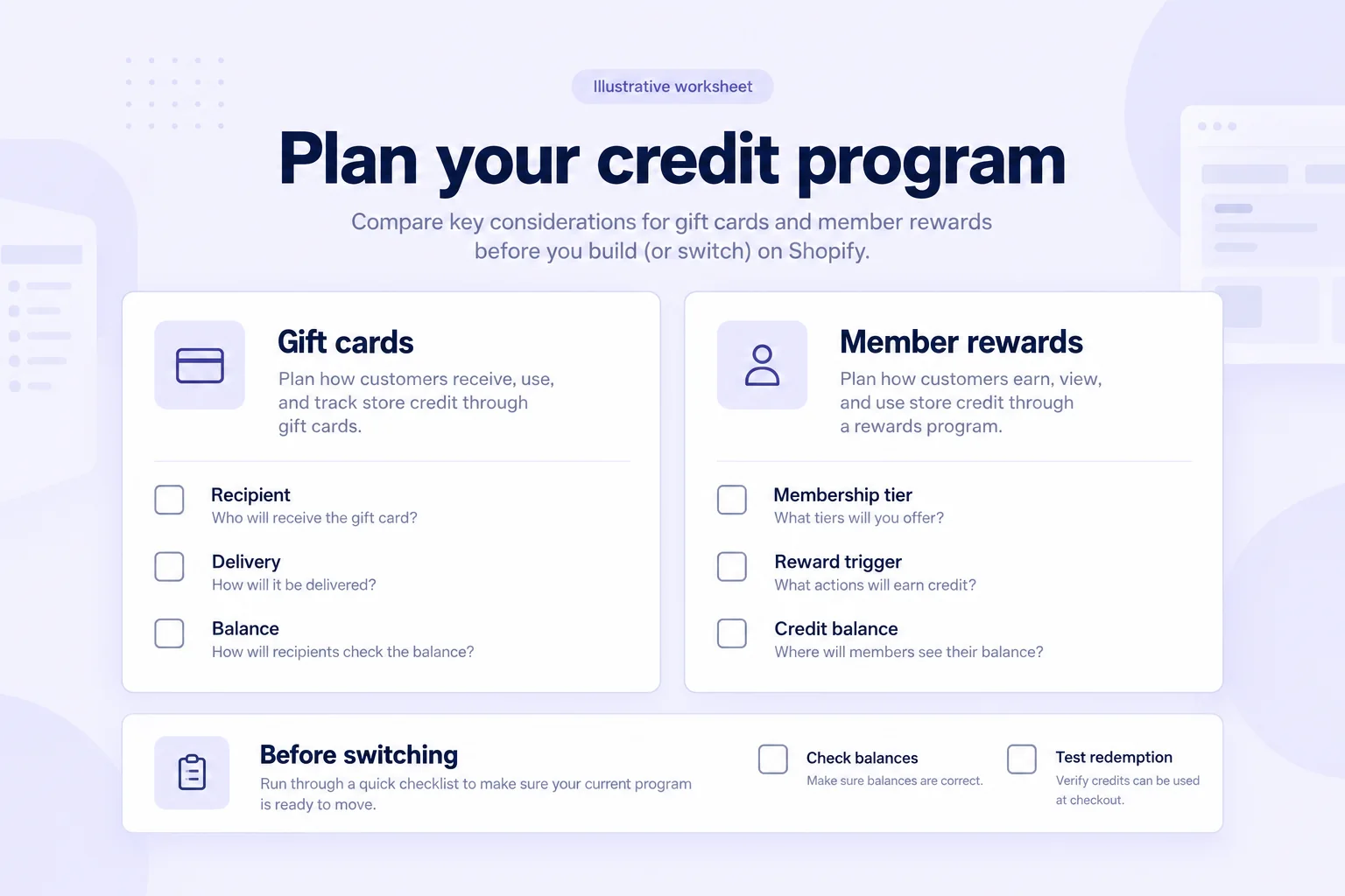 Illustrative worksheet comparing gift-card delivery with membership reward triggers and balance checks