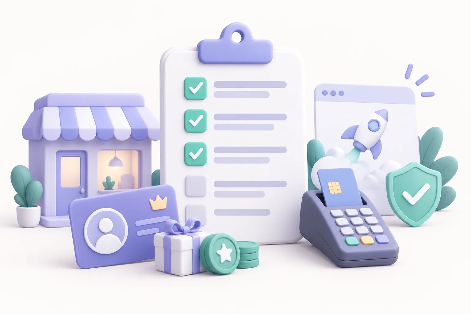 Illustrative loyalty launch checklist beside a storefront, membership pass and payment terminal