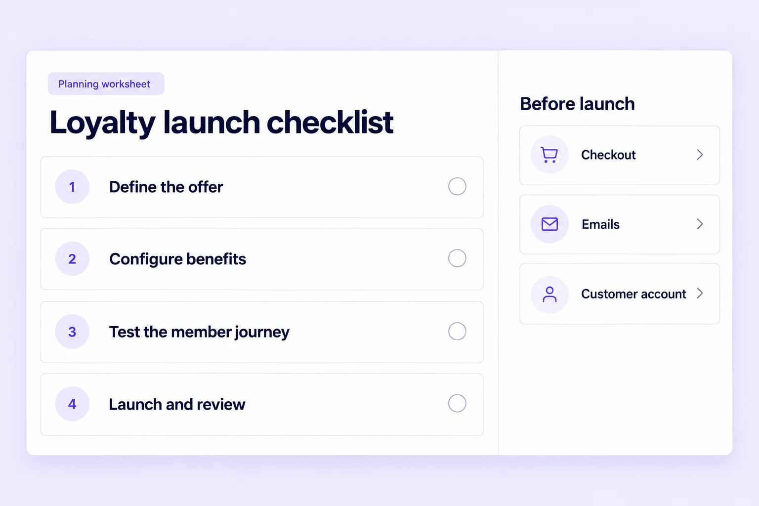 Illustrative loyalty launch checklist for offer design, benefit configuration, member journey testing and launch review