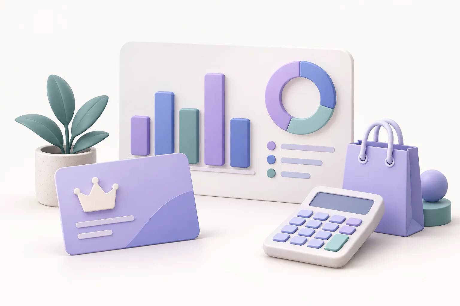 Illustrative loyalty analytics board with abstract charts beside a membership card, shopping bag and calculator