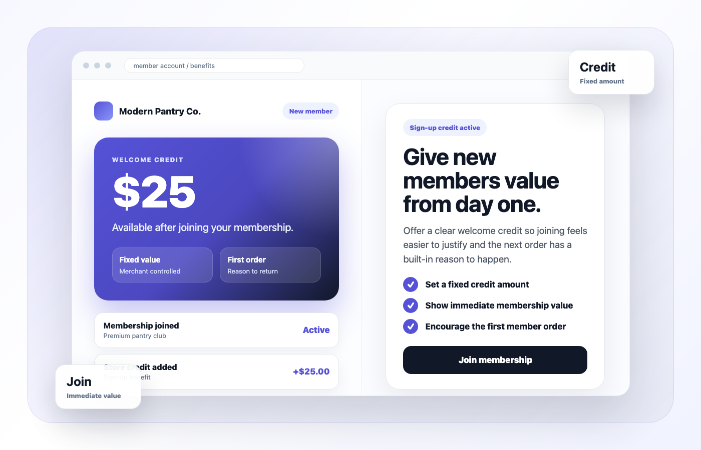 Memberply sign up store credit membership mockup