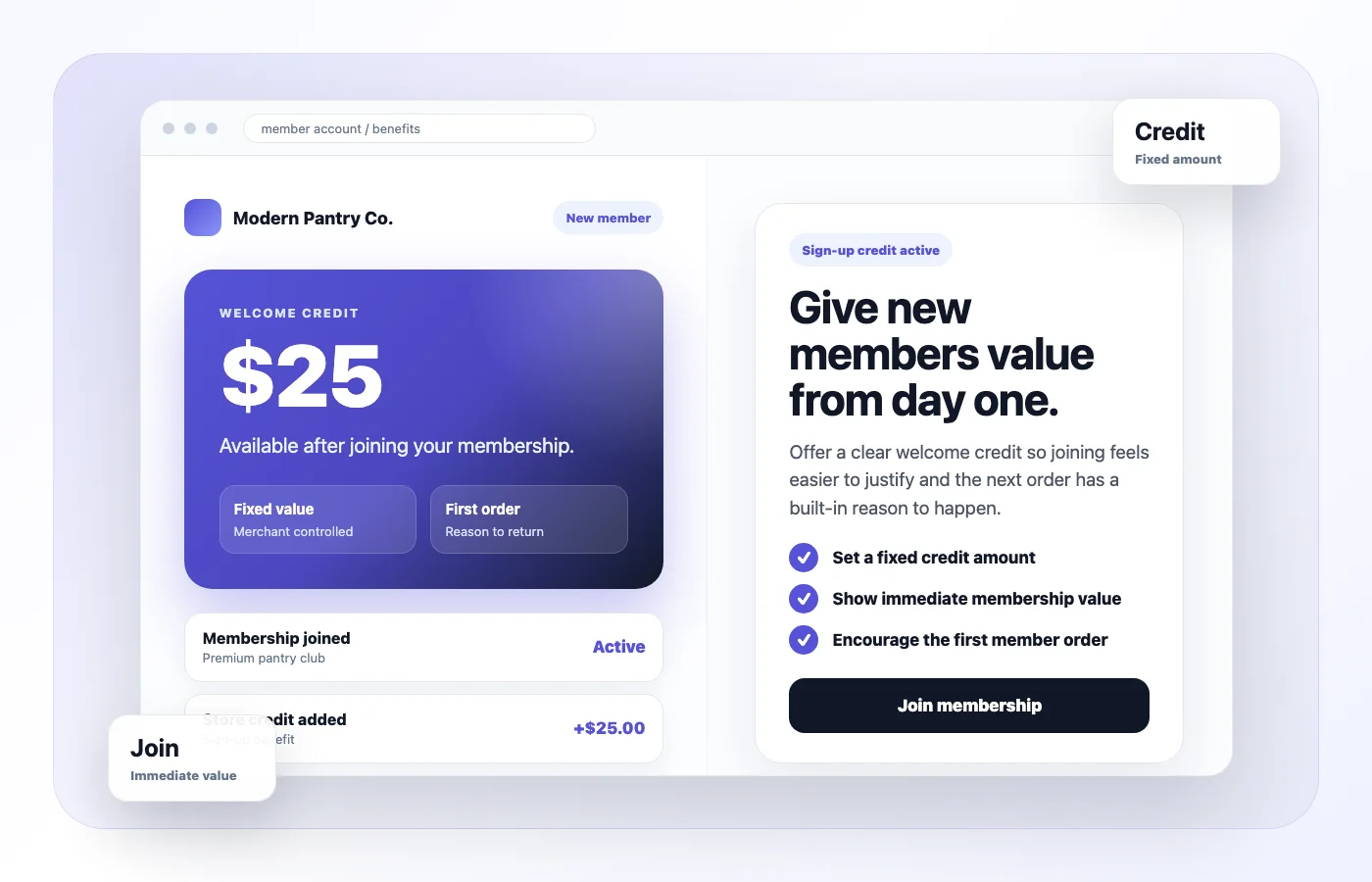 Illustrative member account for a fictional pantry store showing a sample $25 welcome credit after joining