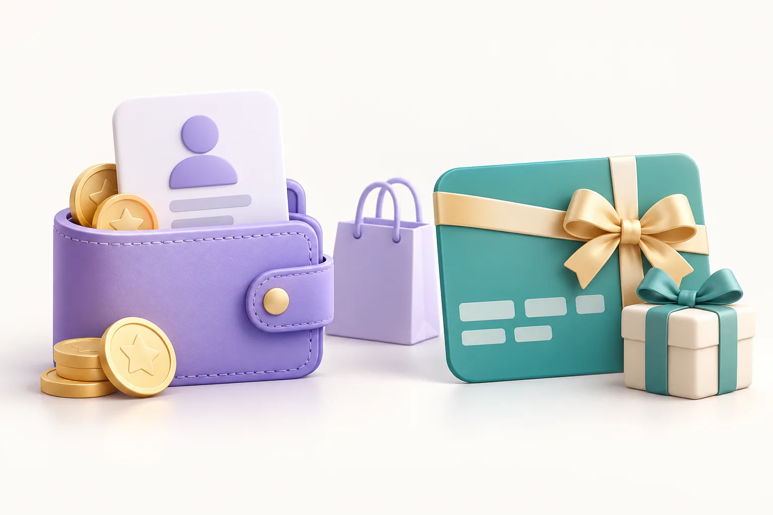 Illustrative customer credit wallet beside a ribbon-wrapped gift card and shopping bag