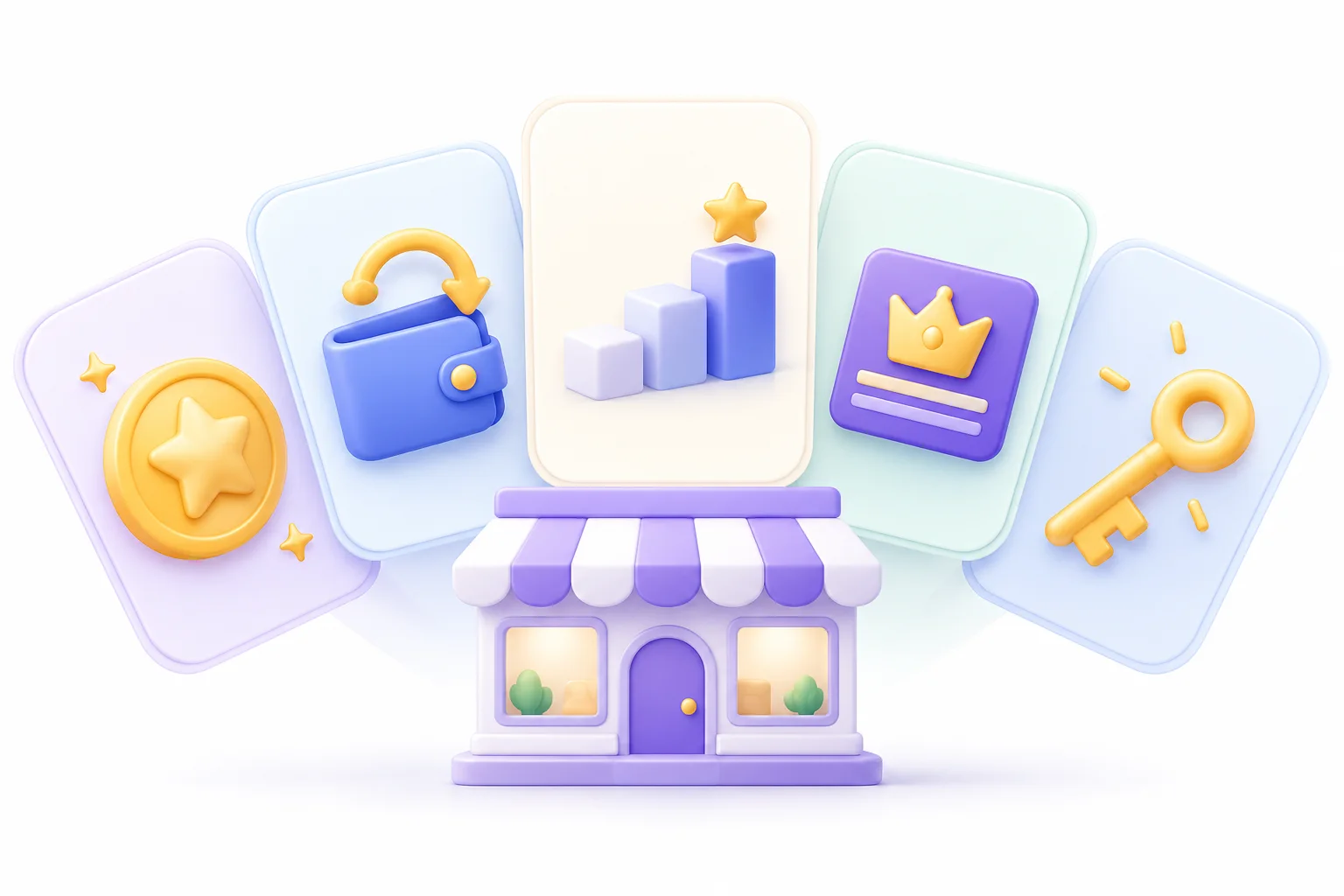 Illustrative loyalty model cards showing points, a credit wallet, tier steps, a membership pass and an access key above a storefront