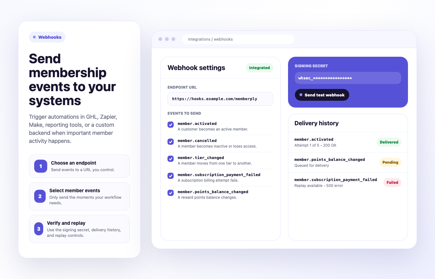 Memberply webhooks settings and delivery history mockup