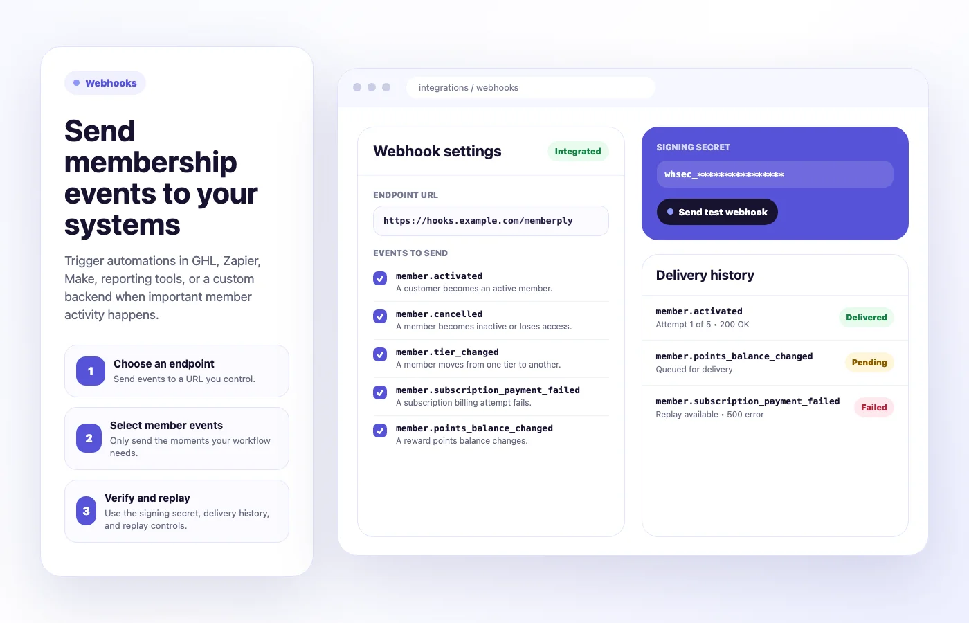 Illustrative Memberply webhook settings with sample endpoint, event choices and delivery statuses