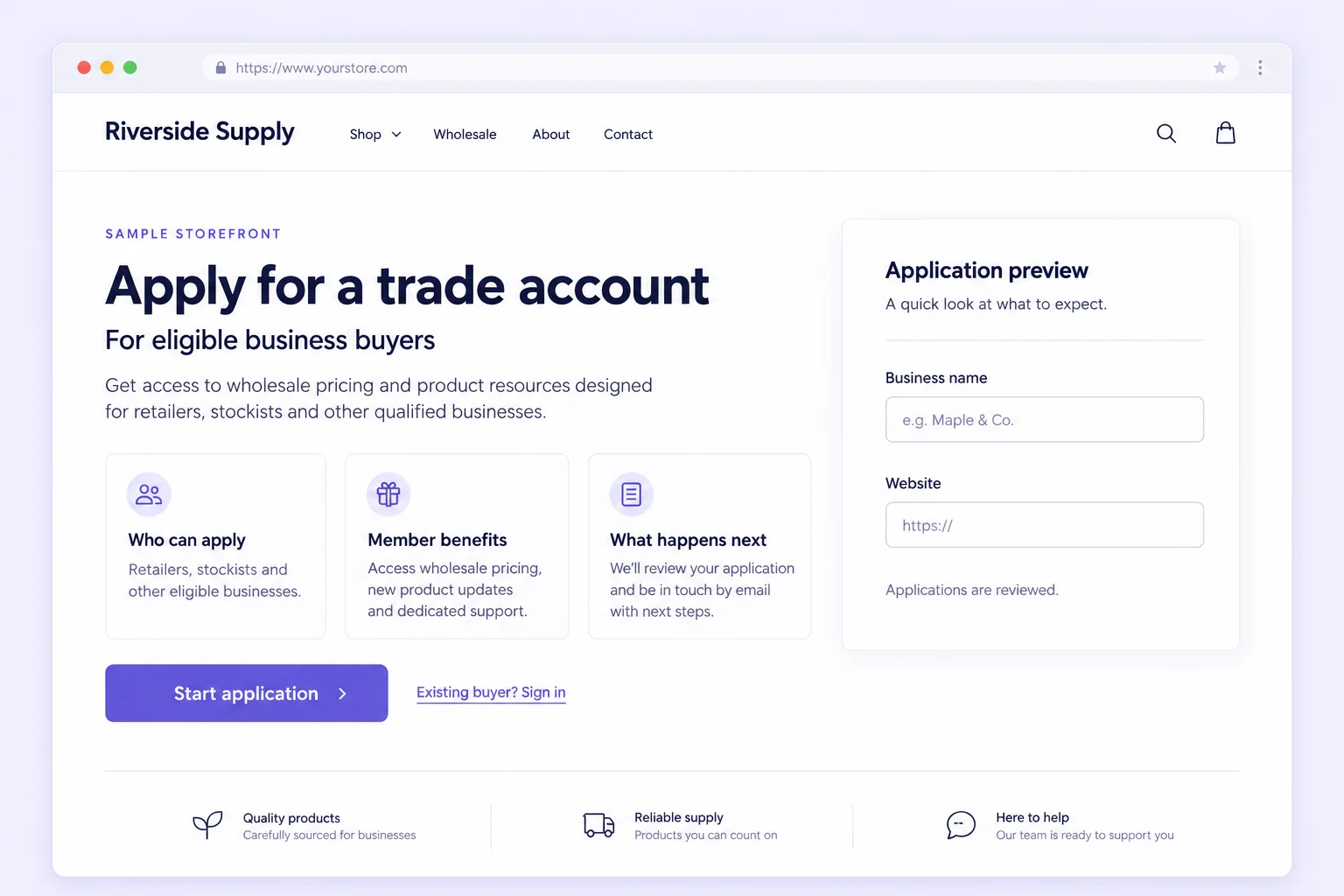 Illustrative wholesale application landing page with eligibility, benefits, an application button and a separate existing-buyer sign-in link