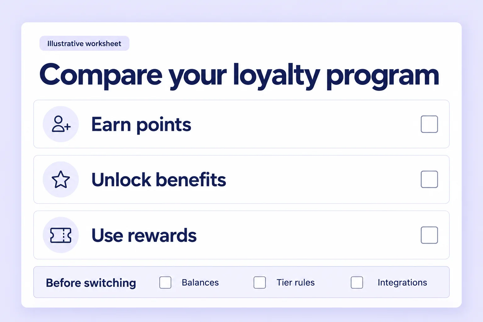 Illustrative loyalty comparison worksheet with earning, benefits, redemption and migration checks